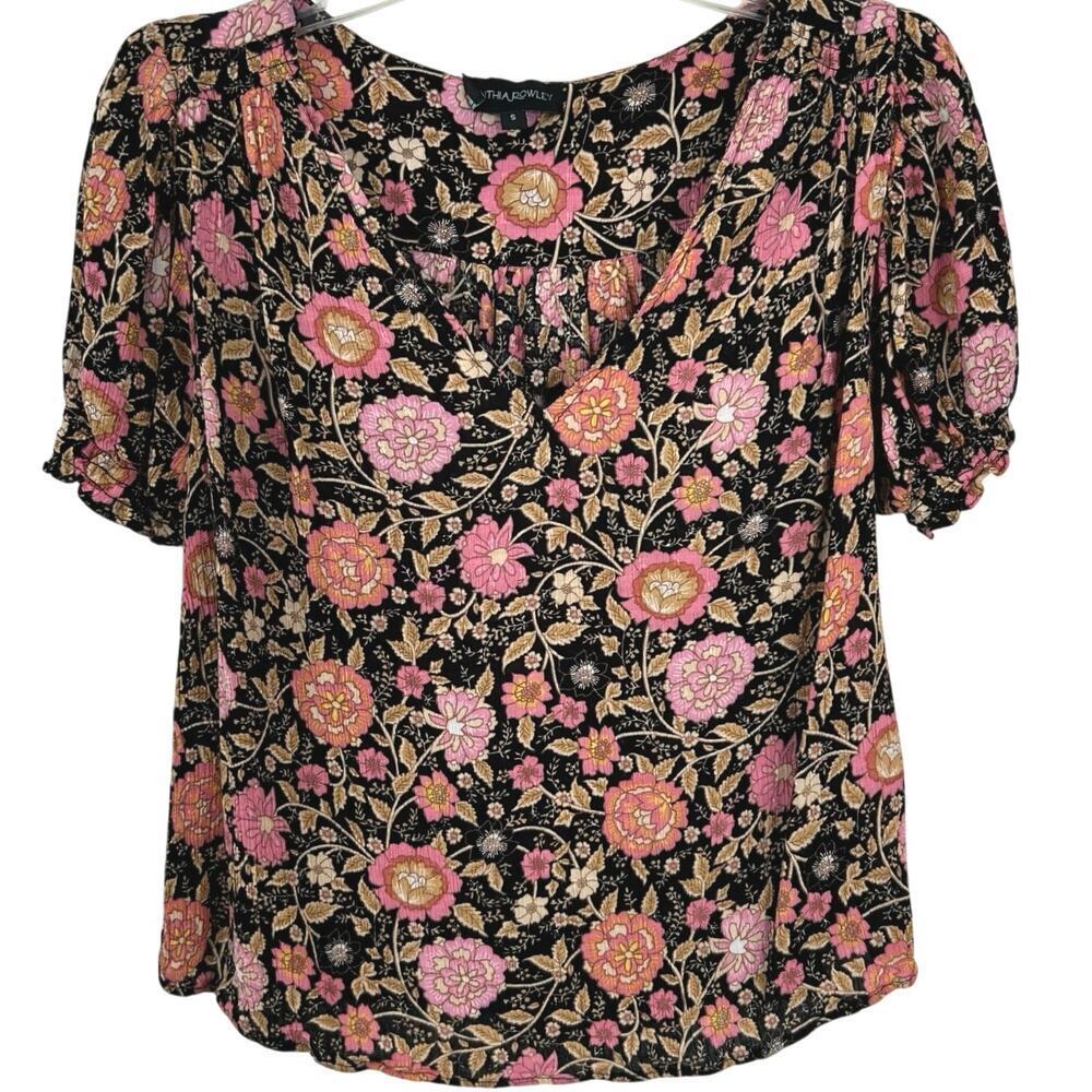 Cynthia Rowley Floral Boho Blouse Pink Black Puff Sleeve Romantic Top Small
